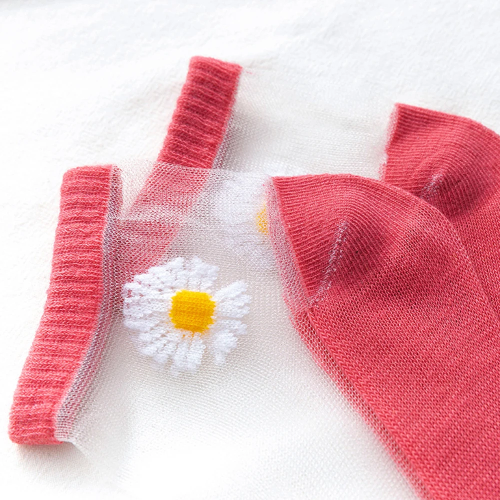10 Pairs Women White Daisy Flower Short Socks Set Fashion Summer Thin Breathable Candy Color Transparent Crystal Silk Ankle Sock
