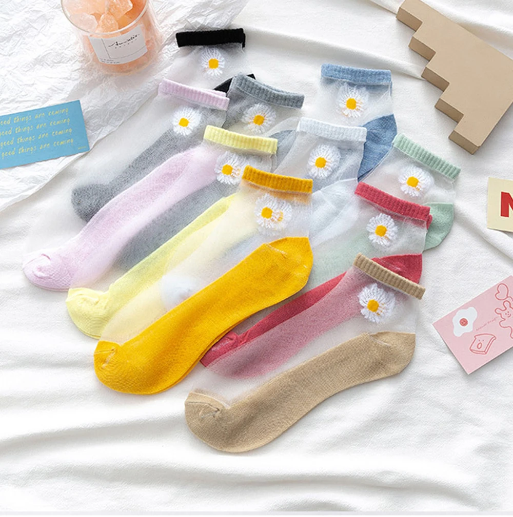 10 Pairs Women White Daisy Flower Short Socks Set Fashion Summer Thin Breathable Candy Color Transparent Crystal Silk Ankle Sock