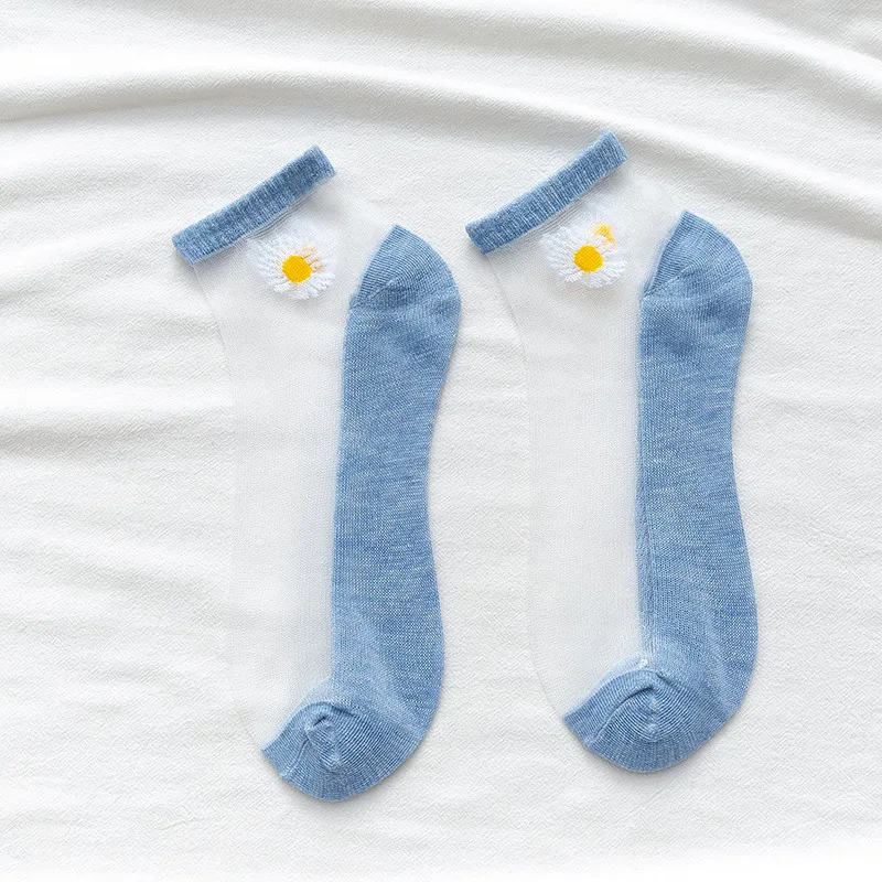 10 Pairs Women White Daisy Flower Short Socks Set Fashion Summer Thin Breathable Candy Color Transparent Crystal Silk Ankle Sock