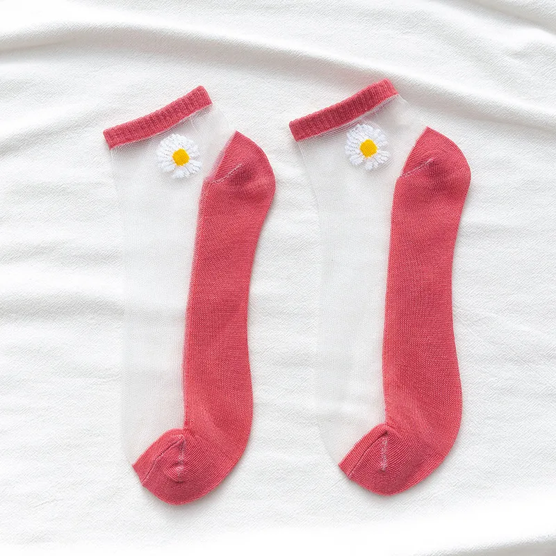10 Pairs Women White Daisy Flower Short Socks Set Fashion Summer Thin Breathable Candy Color Transparent Crystal Silk Ankle Sock