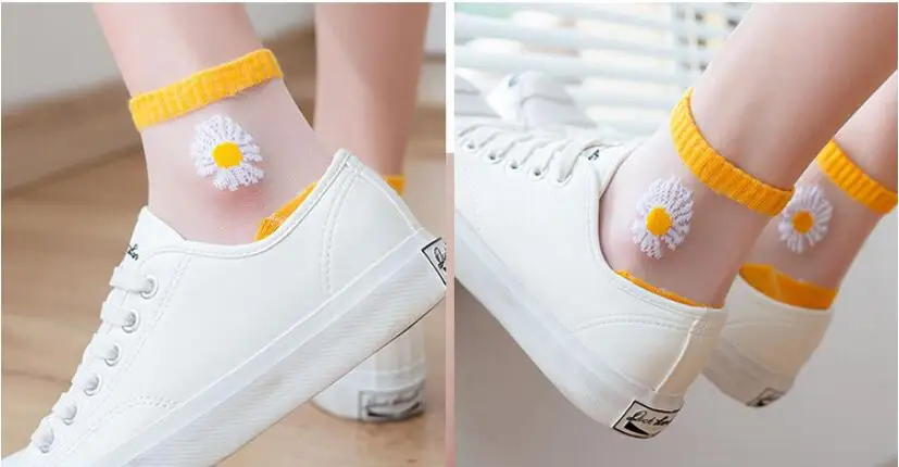 10 Pairs Women White Daisy Flower Short Socks Set Fashion Summer Thin Breathable Candy Color Transparent Crystal Silk Ankle Sock