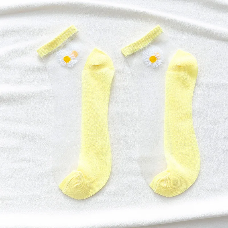10 Pairs Women White Daisy Flower Short Socks Set Fashion Summer Thin Breathable Candy Color Transparent Crystal Silk Ankle Sock