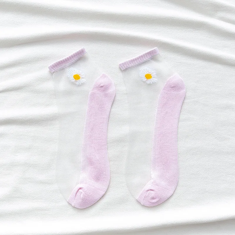 10 Pairs Women White Daisy Flower Short Socks Set Fashion Summer Thin Breathable Candy Color Transparent Crystal Silk Ankle Sock