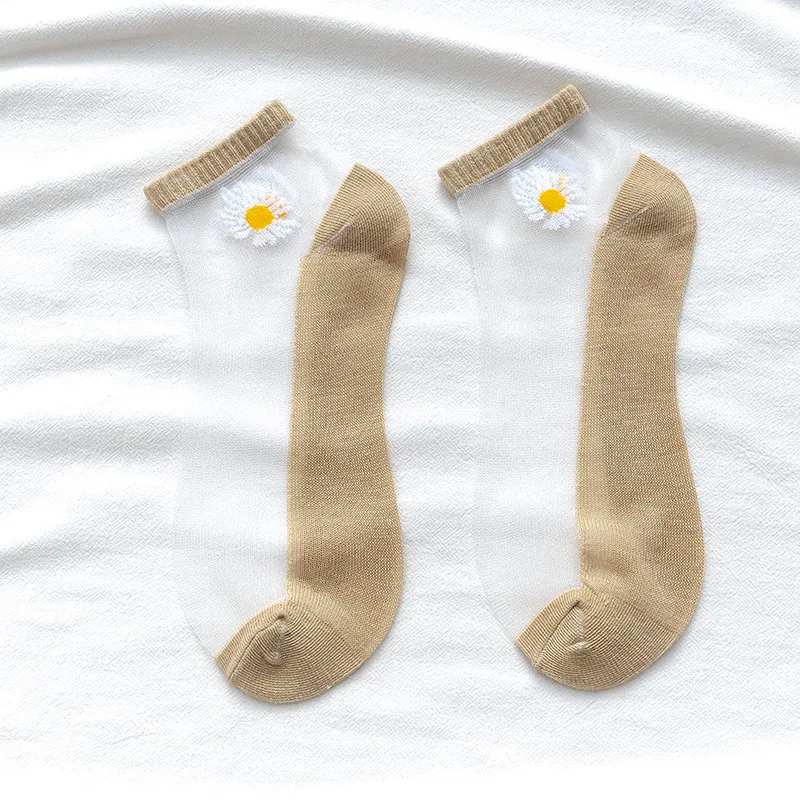 10 Pairs Women White Daisy Flower Short Socks Set Fashion Summer Thin Breathable Candy Color Transparent Crystal Silk Ankle Sock