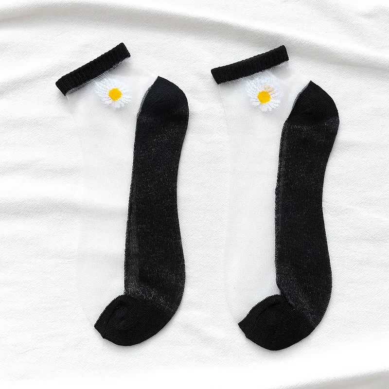 10 Pairs Women White Daisy Flower Short Socks Set Fashion Summer Thin Breathable Candy Color Transparent Crystal Silk Ankle Sock