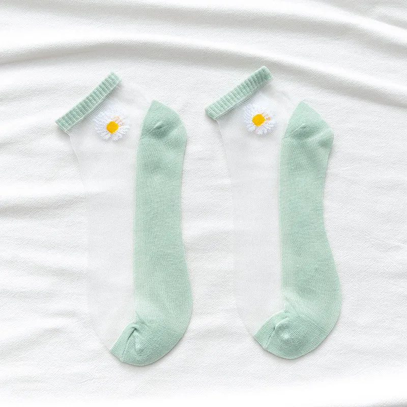 10 Pairs Women White Daisy Flower Short Socks Set Fashion Summer Thin Breathable Candy Color Transparent Crystal Silk Ankle Sock
