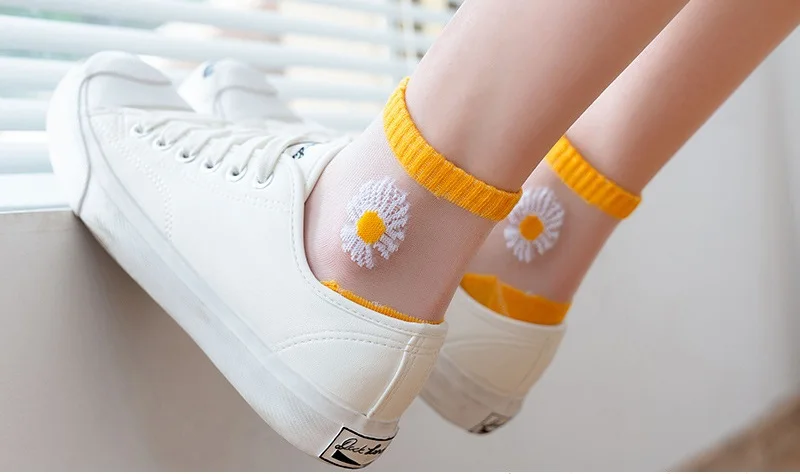 10 Pairs Women White Daisy Flower Short Socks Set Fashion Summer Thin Breathable Candy Color Transparent Crystal Silk Ankle Sock