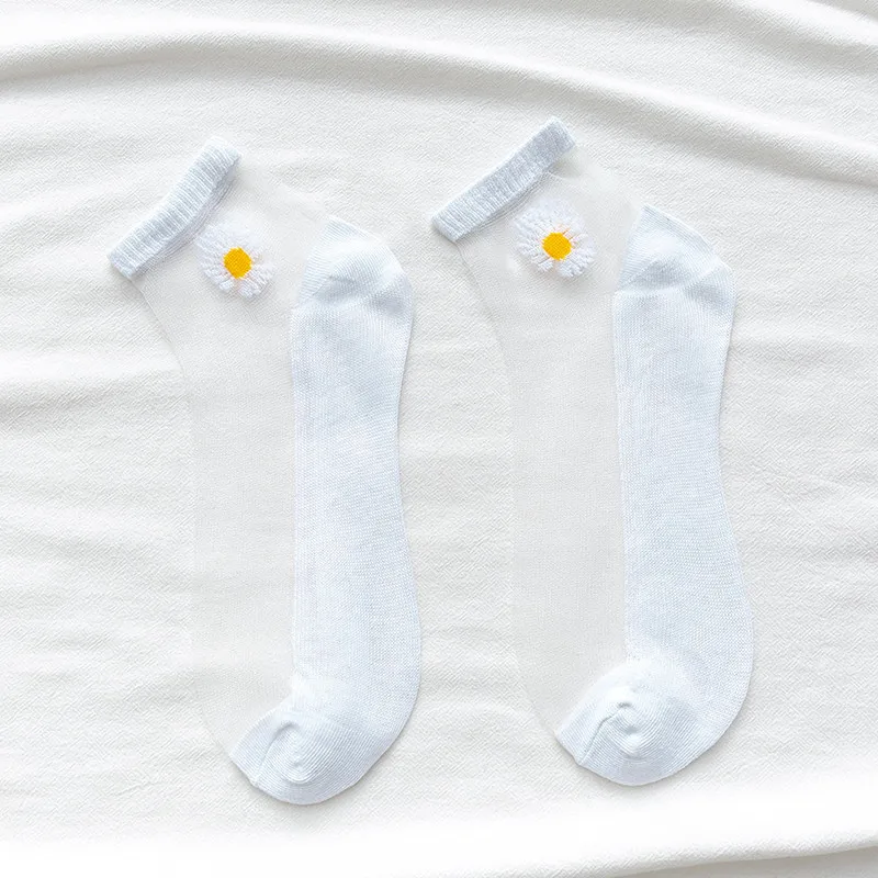 10 Pairs Women White Daisy Flower Short Socks Set Fashion Summer Thin Breathable Candy Color Transparent Crystal Silk Ankle Sock