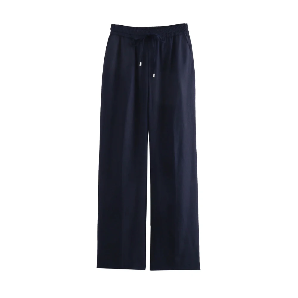Women's Straight Pants with Front Pockets, High Elastic Waist, Drawstrings, Female Trousers, Chic Fashion