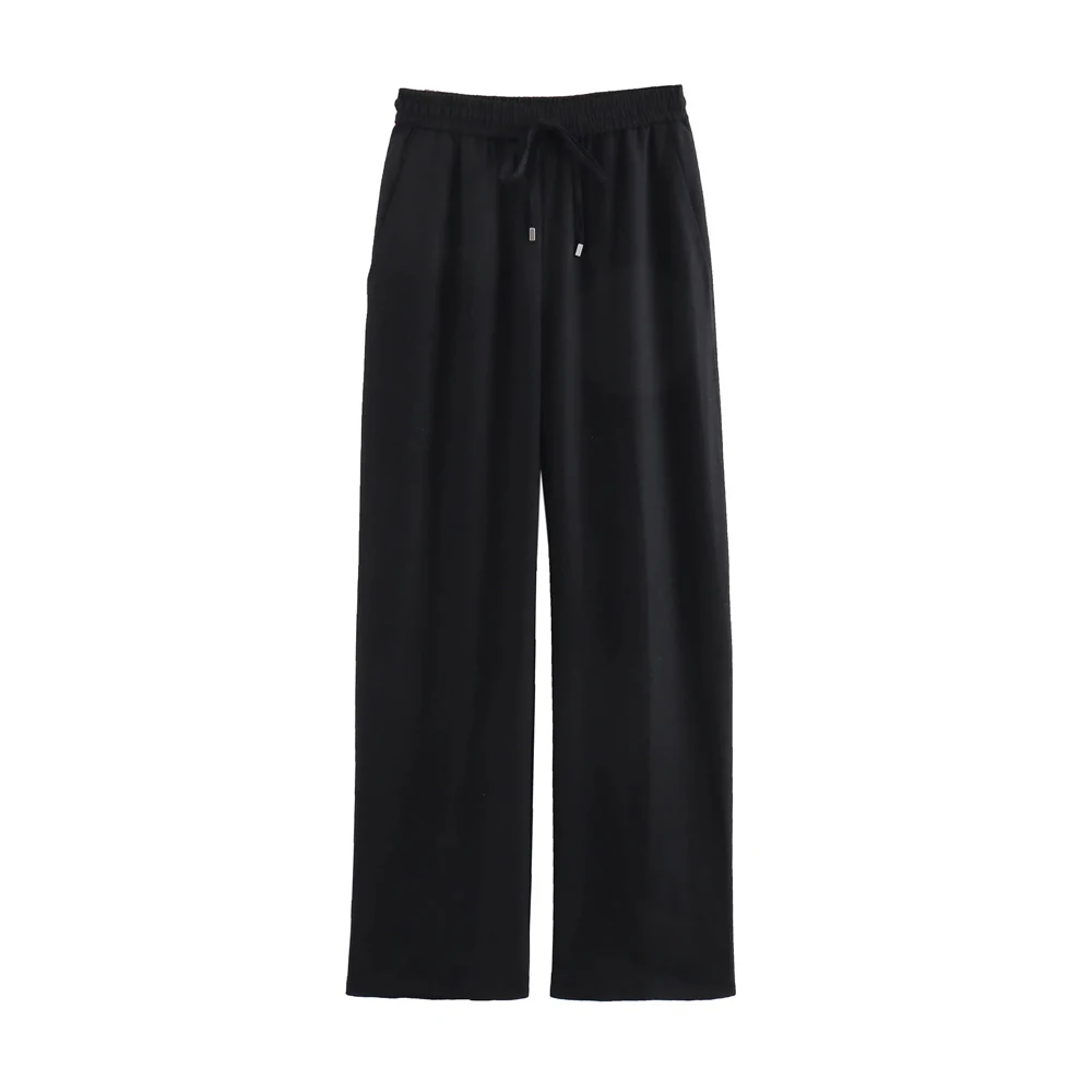Women's Straight Pants with Front Pockets, High Elastic Waist, Drawstrings, Female Trousers, Chic Fashion