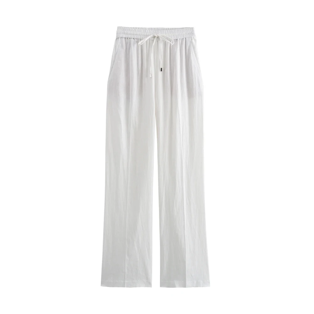 Women's Straight Pants with Front Pockets, High Elastic Waist, Drawstrings, Female Trousers, Chic Fashion