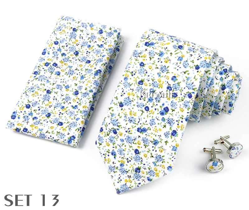 High Quality 7cm Floral Cotton Ties Hanky Cufflink Set Green Blue Skinny Necktie For Men Wedding Party Groom Cravat Accessories