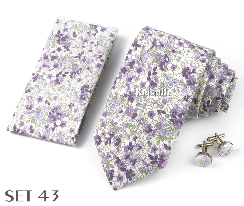 High Quality 7cm Floral Cotton Ties Hanky Cufflink Set Green Blue Skinny Necktie For Men Wedding Party Groom Cravat Accessories