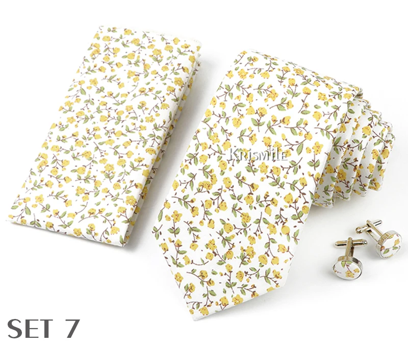 High Quality 7cm Floral Cotton Ties Hanky Cufflink Set Green Blue Skinny Necktie For Men Wedding Party Groom Cravat Accessories