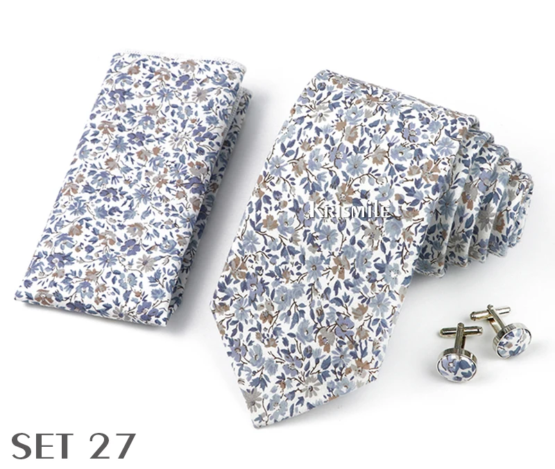 High Quality 7cm Floral Cotton Ties Hanky Cufflink Set Green Blue Skinny Necktie For Men Wedding Party Groom Cravat Accessories