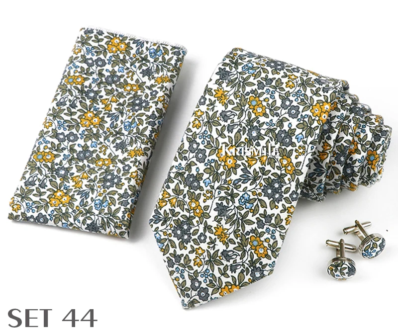 High Quality 7cm Floral Cotton Ties Hanky Cufflink Set Green Blue Skinny Necktie For Men Wedding Party Groom Cravat Accessories