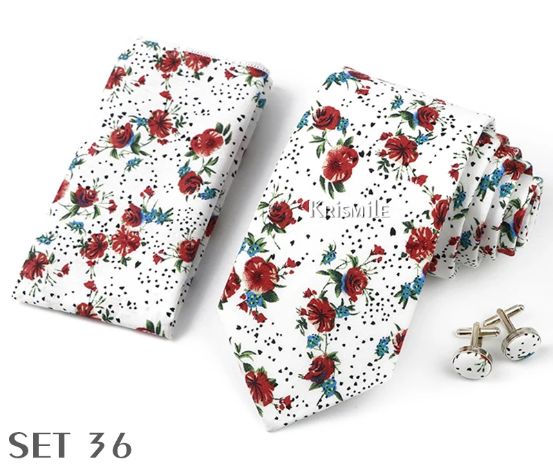 High Quality 7cm Floral Cotton Ties Hanky Cufflink Set Green Blue Skinny Necktie For Men Wedding Party Groom Cravat Accessories