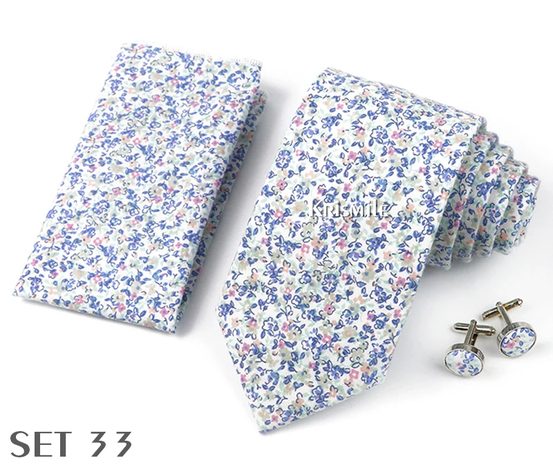 High Quality 7cm Floral Cotton Ties Hanky Cufflink Set Green Blue Skinny Necktie For Men Wedding Party Groom Cravat Accessories
