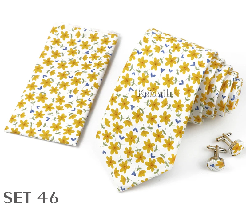 High Quality 7cm Floral Cotton Ties Hanky Cufflink Set Green Blue Skinny Necktie For Men Wedding Party Groom Cravat Accessories