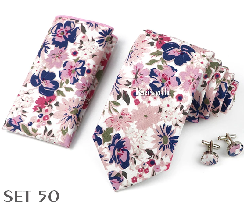 High Quality 7cm Floral Cotton Ties Hanky Cufflink Set Green Blue Skinny Necktie For Men Wedding Party Groom Cravat Accessories