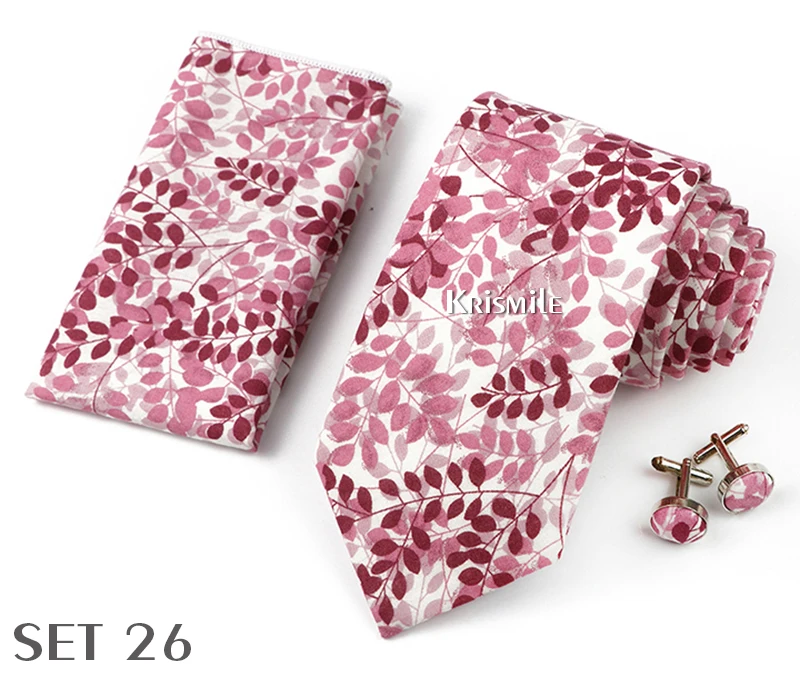 High Quality 7cm Floral Cotton Ties Hanky Cufflink Set Green Blue Skinny Necktie For Men Wedding Party Groom Cravat Accessories