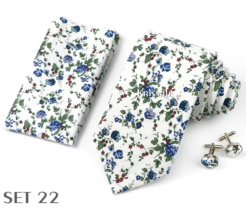 High Quality 7cm Floral Cotton Ties Hanky Cufflink Set Green Blue Skinny Necktie For Men Wedding Party Groom Cravat Accessories