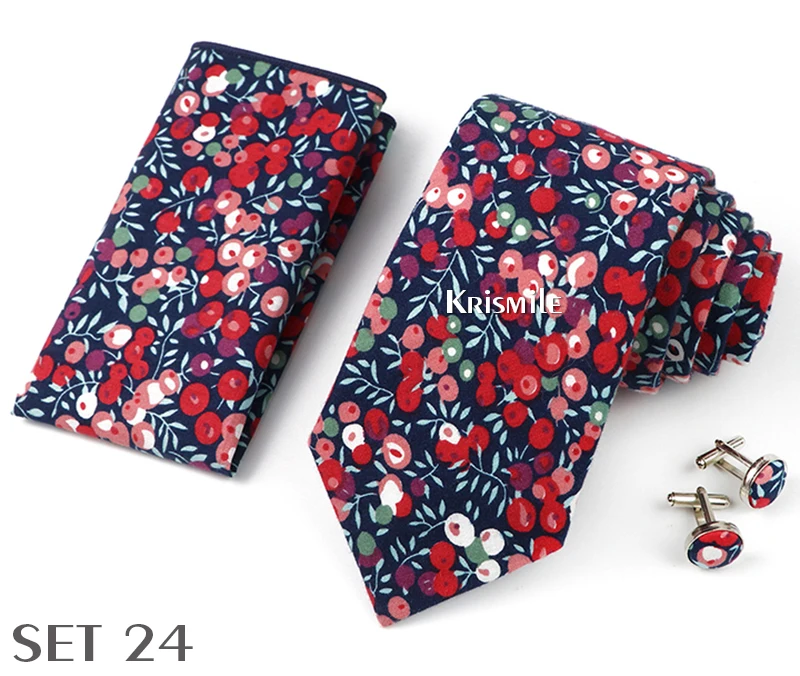 High Quality 7cm Floral Cotton Ties Hanky Cufflink Set Green Blue Skinny Necktie For Men Wedding Party Groom Cravat Accessories