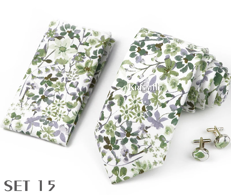 High Quality 7cm Floral Cotton Ties Hanky Cufflink Set Green Blue Skinny Necktie For Men Wedding Party Groom Cravat Accessories