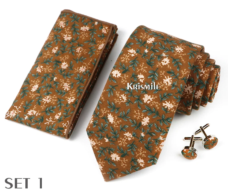 High Quality 7cm Floral Cotton Ties Hanky Cufflink Set Green Blue Skinny Necktie For Men Wedding Party Groom Cravat Accessories