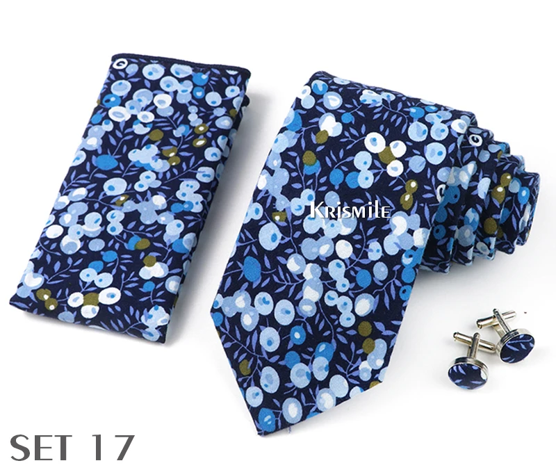 High Quality 7cm Floral Cotton Ties Hanky Cufflink Set Green Blue Skinny Necktie For Men Wedding Party Groom Cravat Accessories