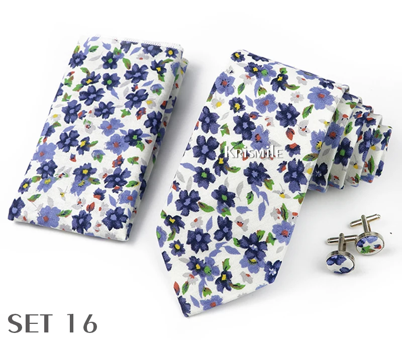 High Quality 7cm Floral Cotton Ties Hanky Cufflink Set Green Blue Skinny Necktie For Men Wedding Party Groom Cravat Accessories