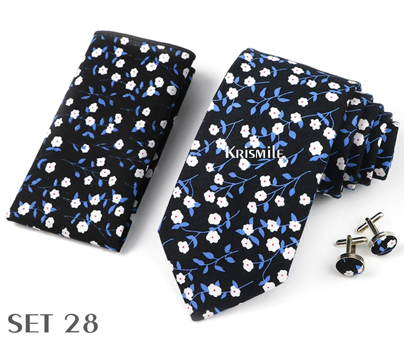 High Quality 7cm Floral Cotton Ties Hanky Cufflink Set Green Blue Skinny Necktie For Men Wedding Party Groom Cravat Accessories