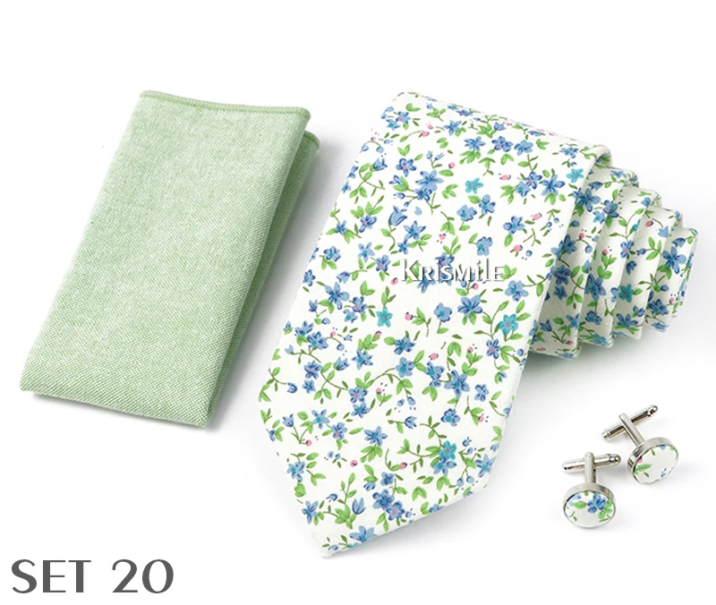 High Quality 7cm Floral Cotton Ties Hanky Cufflink Set Green Blue Skinny Necktie For Men Wedding Party Groom Cravat Accessories