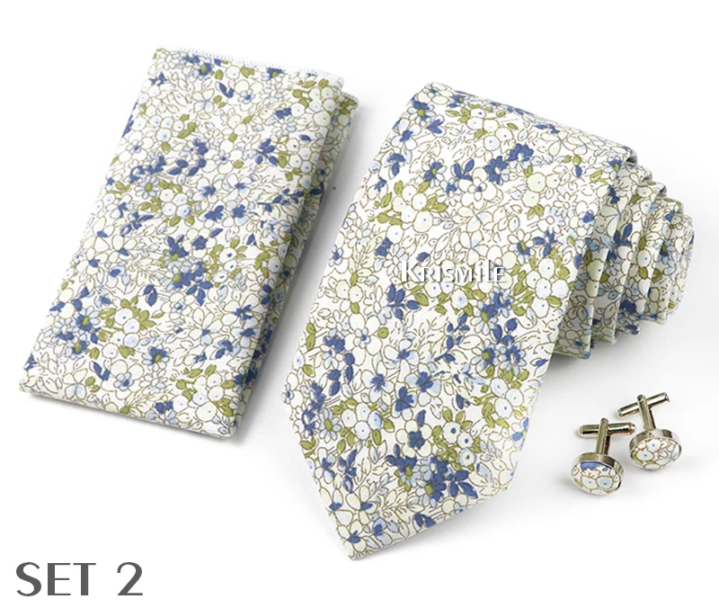 High Quality 7cm Floral Cotton Ties Hanky Cufflink Set Green Blue Skinny Necktie For Men Wedding Party Groom Cravat Accessories
