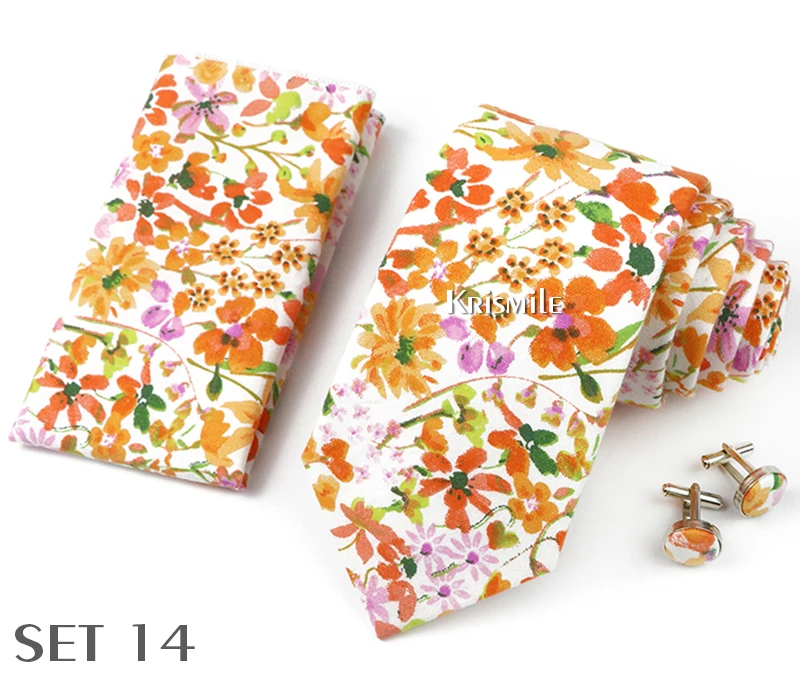High Quality 7cm Floral Cotton Ties Hanky Cufflink Set Green Blue Skinny Necktie For Men Wedding Party Groom Cravat Accessories