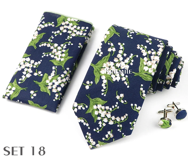 High Quality 7cm Floral Cotton Ties Hanky Cufflink Set Green Blue Skinny Necktie For Men Wedding Party Groom Cravat Accessories