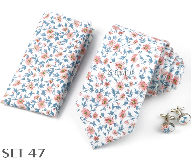 High Quality 7cm Floral Cotton Ties Hanky Cufflink Set Green Blue Skinny Necktie For Men Wedding Party Groom Cravat Accessories
