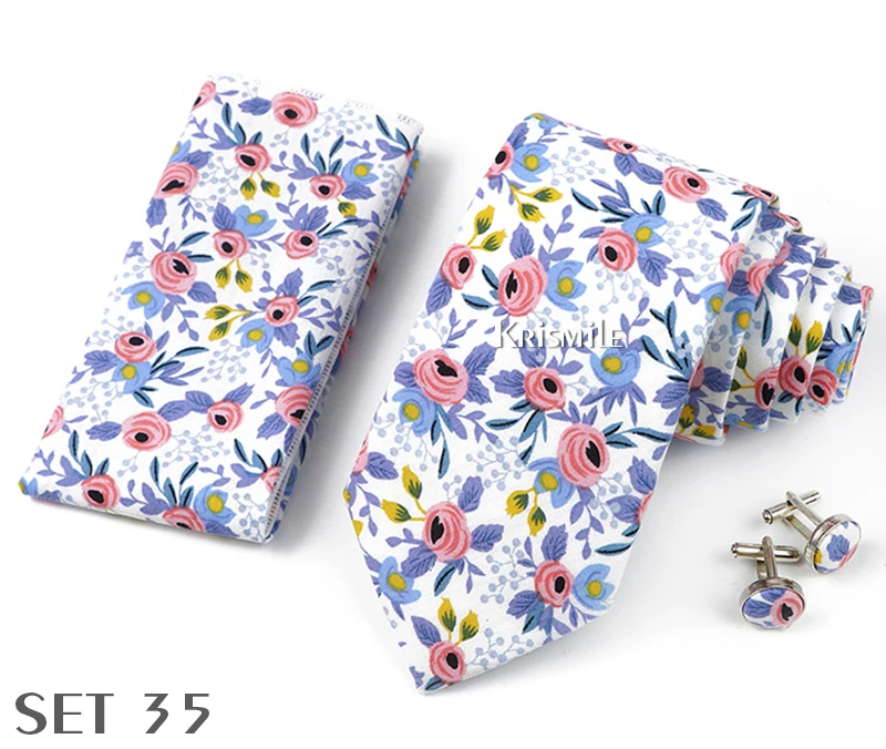 High Quality 7cm Floral Cotton Ties Hanky Cufflink Set Green Blue Skinny Necktie For Men Wedding Party Groom Cravat Accessories