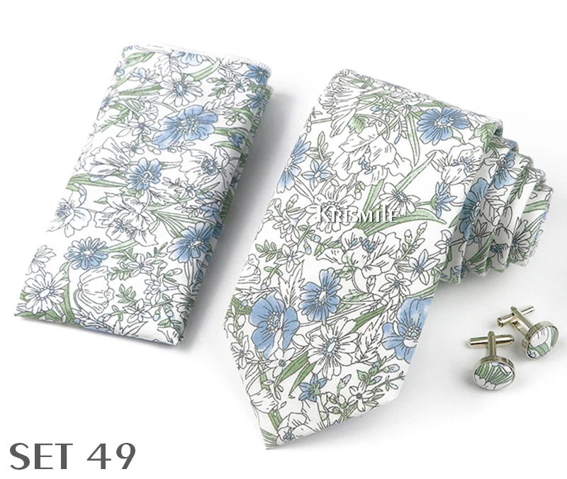 High Quality 7cm Floral Cotton Ties Hanky Cufflink Set Green Blue Skinny Necktie For Men Wedding Party Groom Cravat Accessories