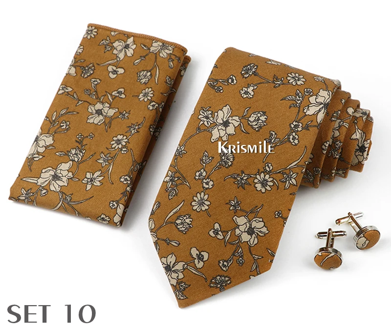 High Quality 7cm Floral Cotton Ties Hanky Cufflink Set Green Blue Skinny Necktie For Men Wedding Party Groom Cravat Accessories