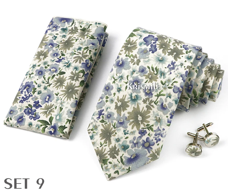 High Quality 7cm Floral Cotton Ties Hanky Cufflink Set Green Blue Skinny Necktie For Men Wedding Party Groom Cravat Accessories