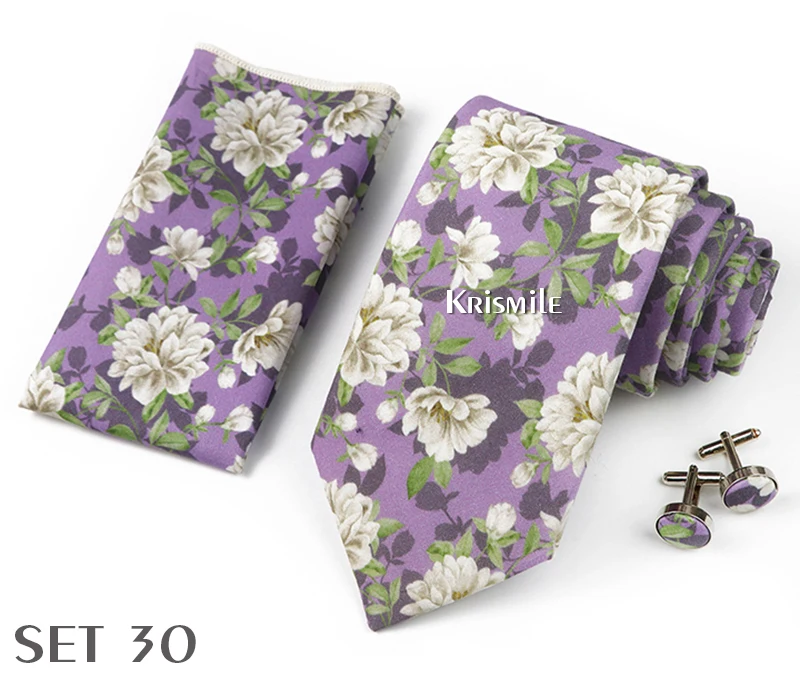 High Quality 7cm Floral Cotton Ties Hanky Cufflink Set Green Blue Skinny Necktie For Men Wedding Party Groom Cravat Accessories