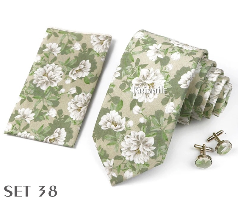 High Quality 7cm Floral Cotton Ties Hanky Cufflink Set Green Blue Skinny Necktie For Men Wedding Party Groom Cravat Accessories