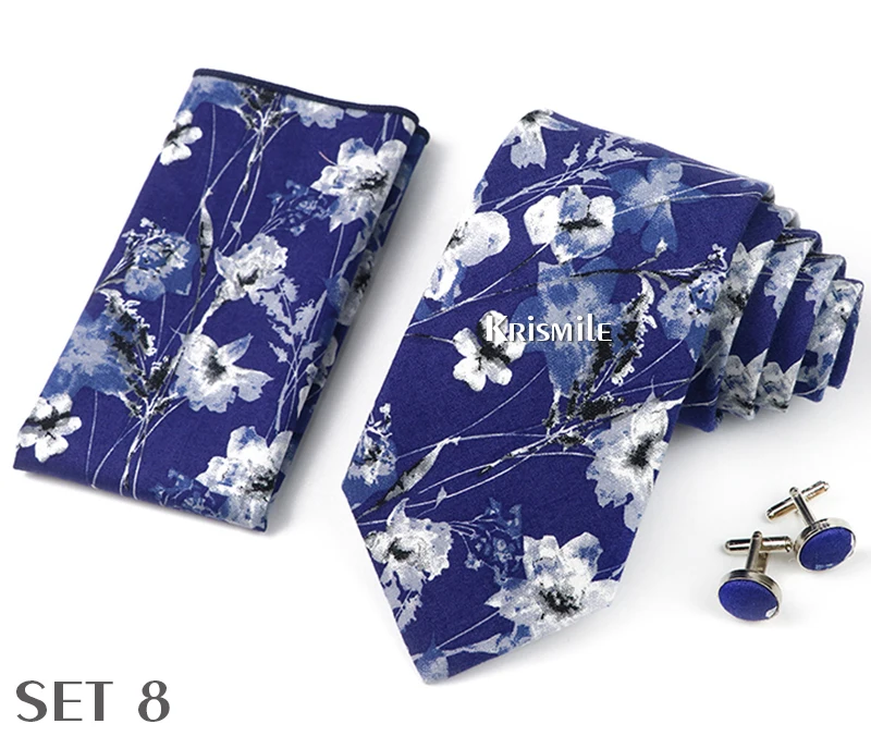 High Quality 7cm Floral Cotton Ties Hanky Cufflink Set Green Blue Skinny Necktie For Men Wedding Party Groom Cravat Accessories