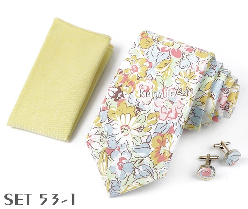 High Quality 7cm Floral Cotton Ties Hanky Cufflink Set Green Blue Skinny Necktie For Men Wedding Party Groom Cravat Accessories