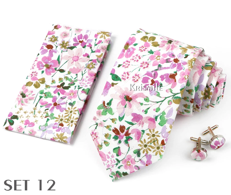 High Quality 7cm Floral Cotton Ties Hanky Cufflink Set Green Blue Skinny Necktie For Men Wedding Party Groom Cravat Accessories