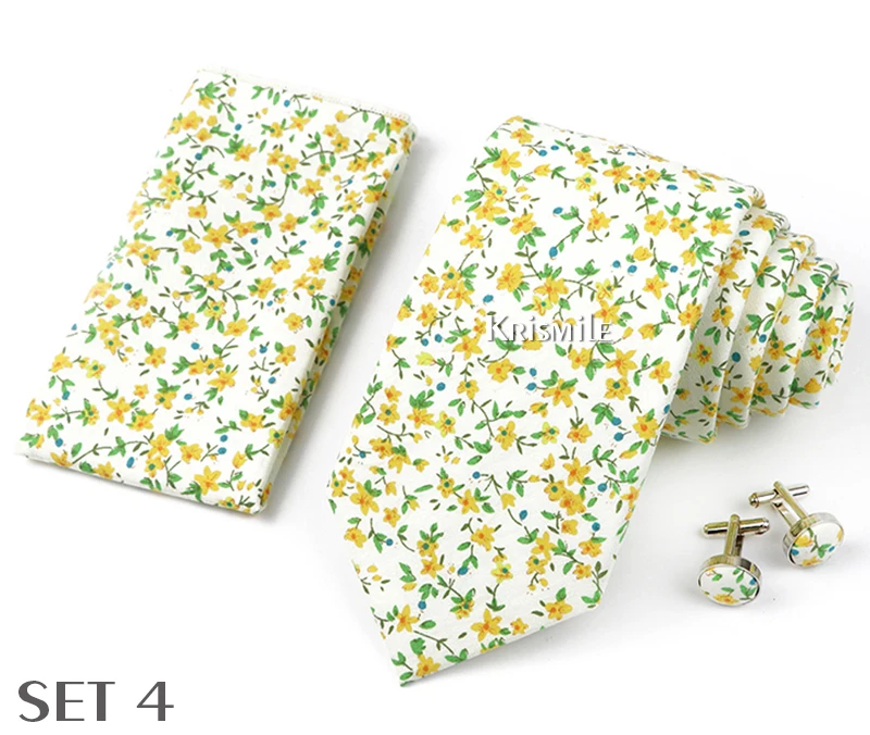 High Quality 7cm Floral Cotton Ties Hanky Cufflink Set Green Blue Skinny Necktie For Men Wedding Party Groom Cravat Accessories