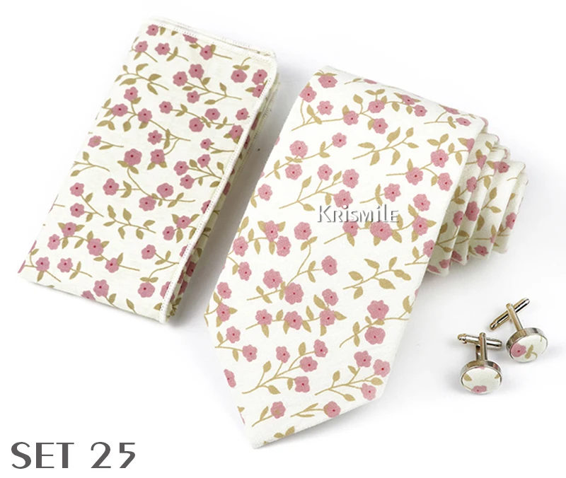 High Quality 7cm Floral Cotton Ties Hanky Cufflink Set Green Blue Skinny Necktie For Men Wedding Party Groom Cravat Accessories