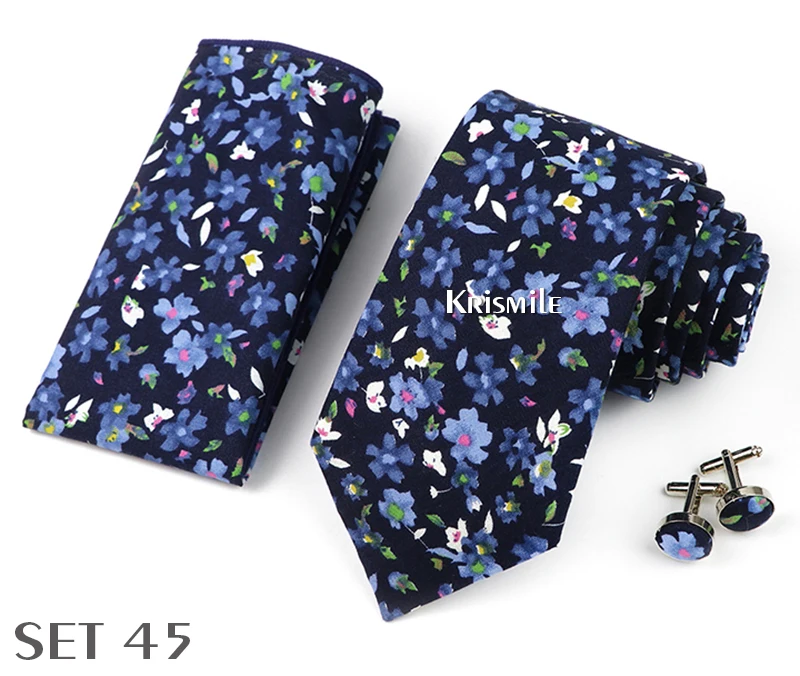 High Quality 7cm Floral Cotton Ties Hanky Cufflink Set Green Blue Skinny Necktie For Men Wedding Party Groom Cravat Accessories