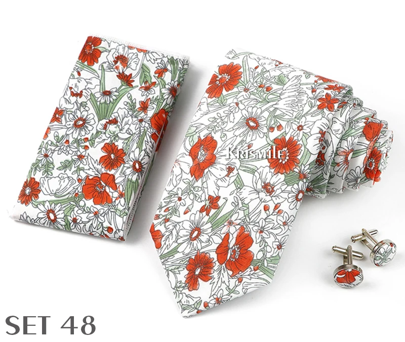 High Quality 7cm Floral Cotton Ties Hanky Cufflink Set Green Blue Skinny Necktie For Men Wedding Party Groom Cravat Accessories